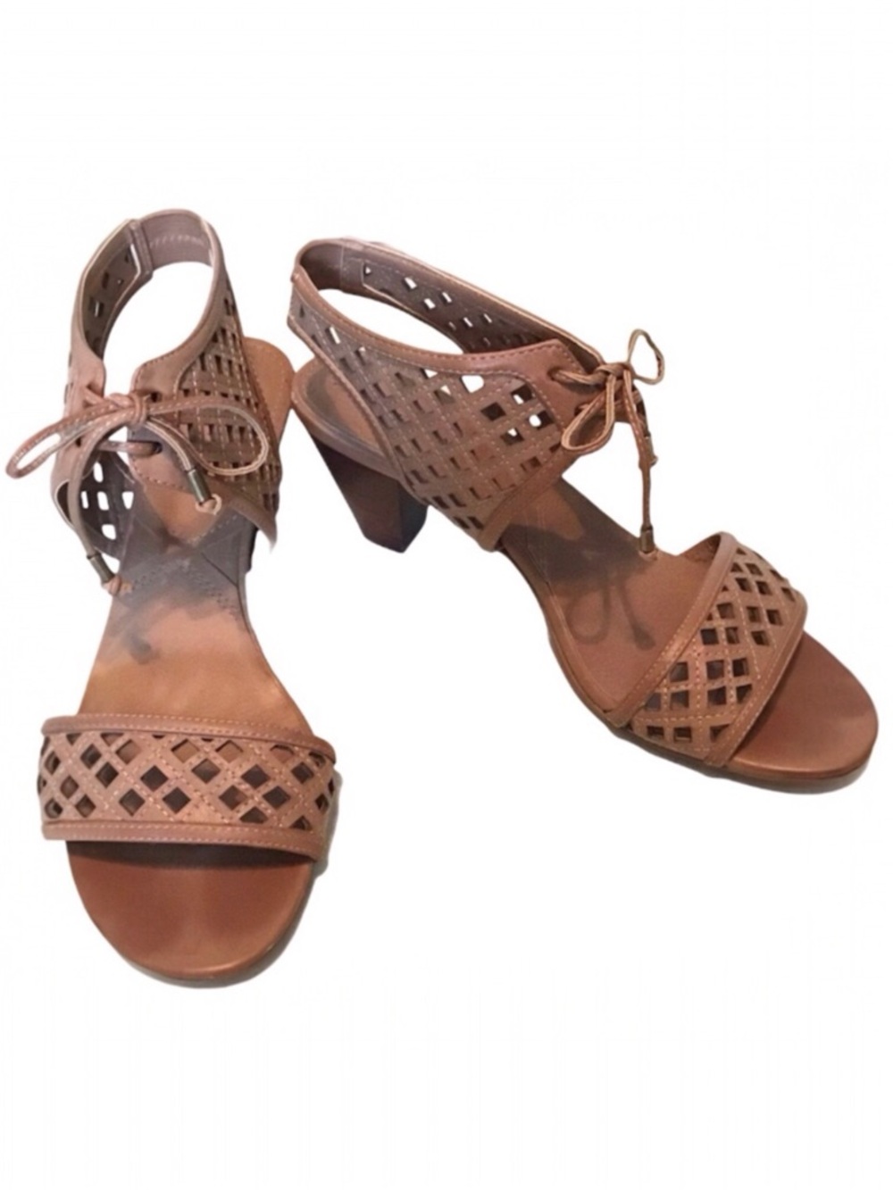 Adrienne Vittadini Heel Sandals Size 8.5 Tan Ankle Tie Cut-Out Design